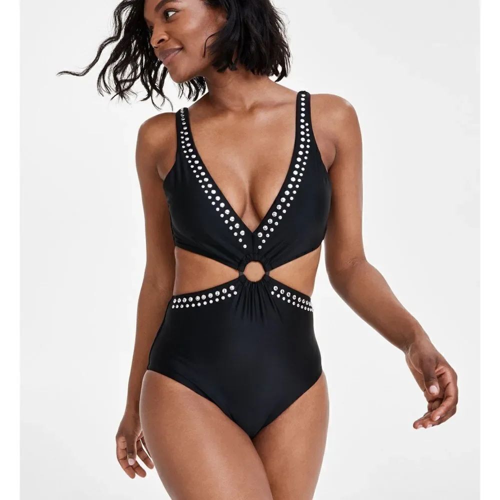 Bar III Tell Me About Silver Stud One Piece Monokini Swimsuit